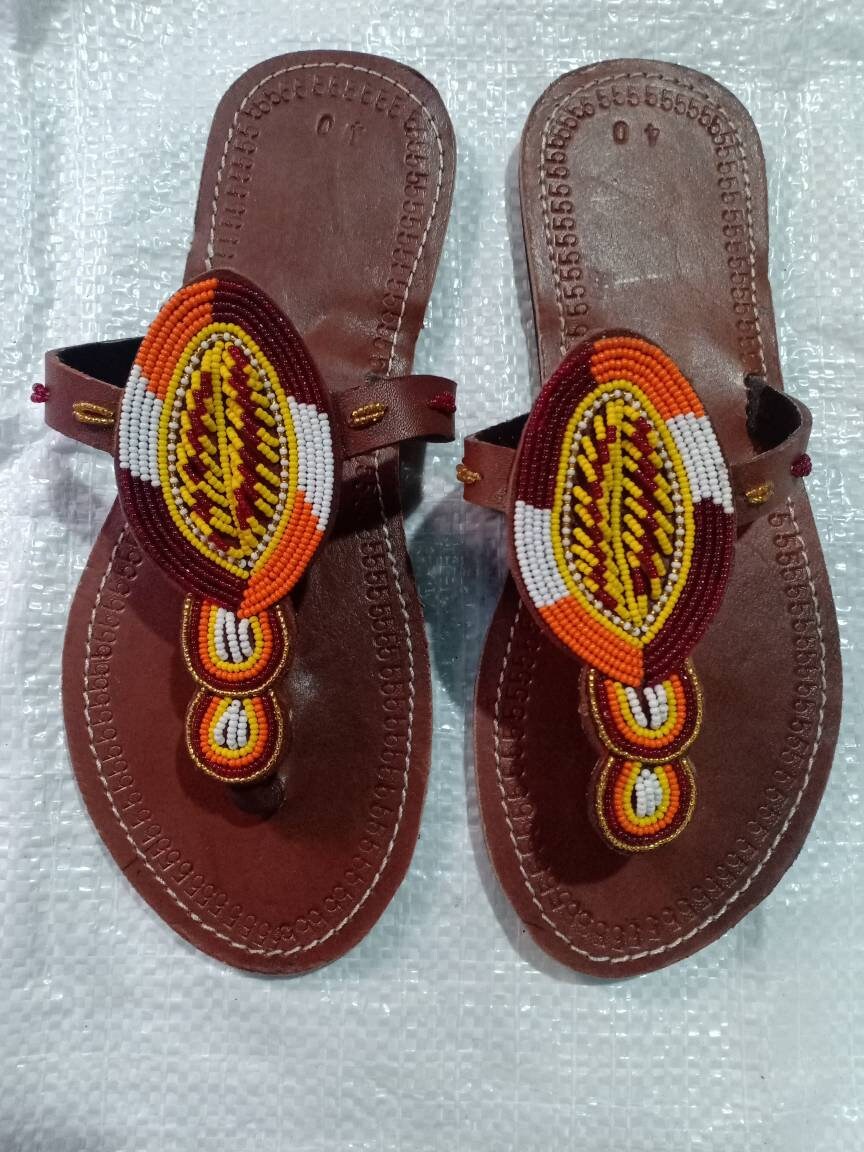 Handmade African Beaded Sandals/Authentic Maasai-Style Leather Flip-Flops Women/Boho Beach Sandals/Comfortable Summer Sandal African Gifts