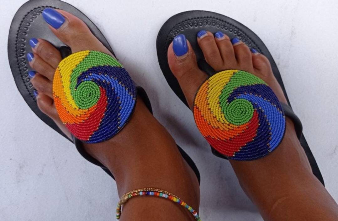 Handmade African Beaded Sandals/Authentic Maasai-Style Leather Flip-Flops Women/Boho Beach Sandals/Comfortable Summer Sandal African Gifts