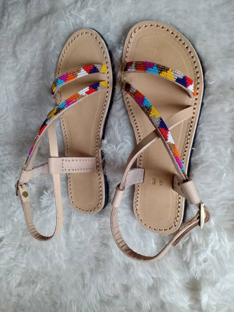 Handmade African Beaded Sandals/Authentic Maasai-Style Leather Flip-Flops Women/Boho Beach Sandals/Comfortable Summer Sandal African Gifts