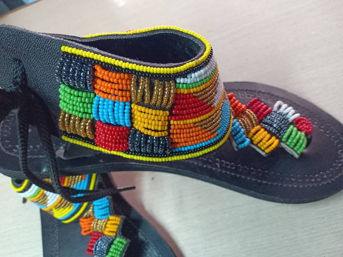 Handmade African Beaded Sandals/Authentic Maasai-Style Leather Flip-Flops Women/Boho Beach Sandals/Comfortable Summer Sandal African Gifts