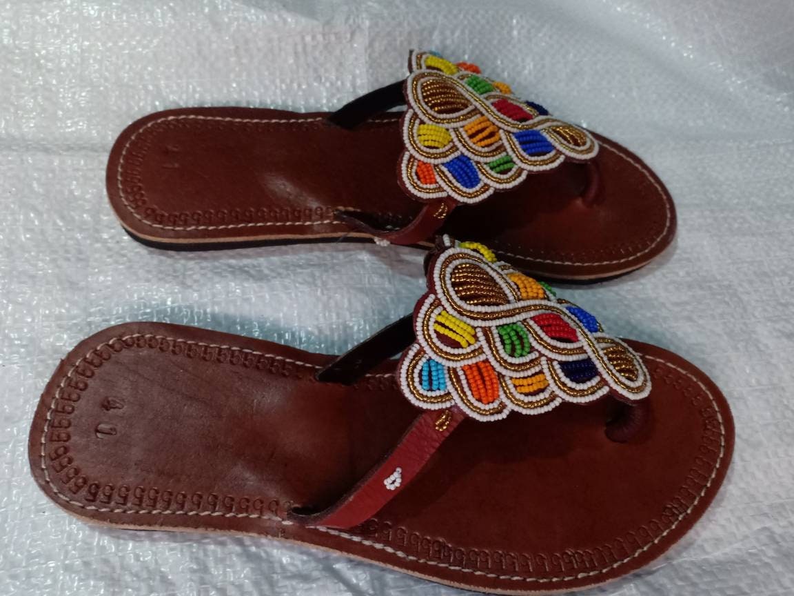 Handmade African Beaded Sandals/Authentic Maasai-Style Leather Flip-Flops Women/Boho Beach Sandals/Comfortable Summer Sandal African Gifts
