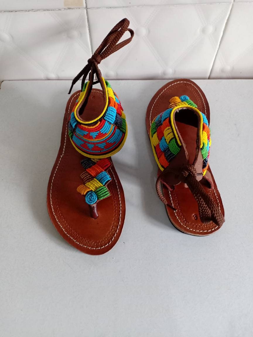 Handmade African Beaded Sandals/Authentic Maasai-Style Leather Flip-Flops Women/Boho Beach Sandals/Comfortable Summer Sandal African Gifts