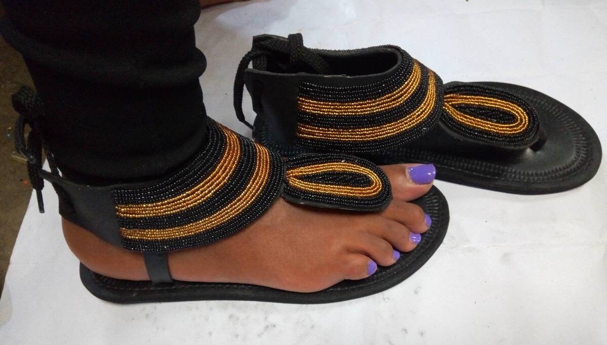 Handmade African Beaded Sandals/Authentic Maasai-Style Leather Flip-Flops Women/Boho Beach Sandals/Comfortable Summer Sandal African Gifts