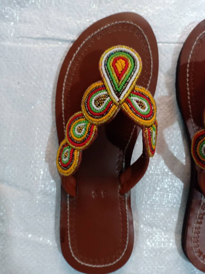 Handmade African Beaded Sandals/Authentic Maasai-Style Leather Flip-Flops Women/Boho Beach Sandals/Comfortable Summer Sandal African Gifts