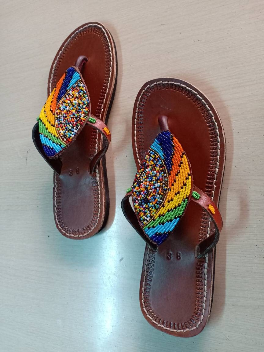 Handmade African Beaded Sandals/Authentic Maasai-Style Leather Flip-Flops Women/Boho Beach Sandals/Comfortable Summer Sandal African Gifts