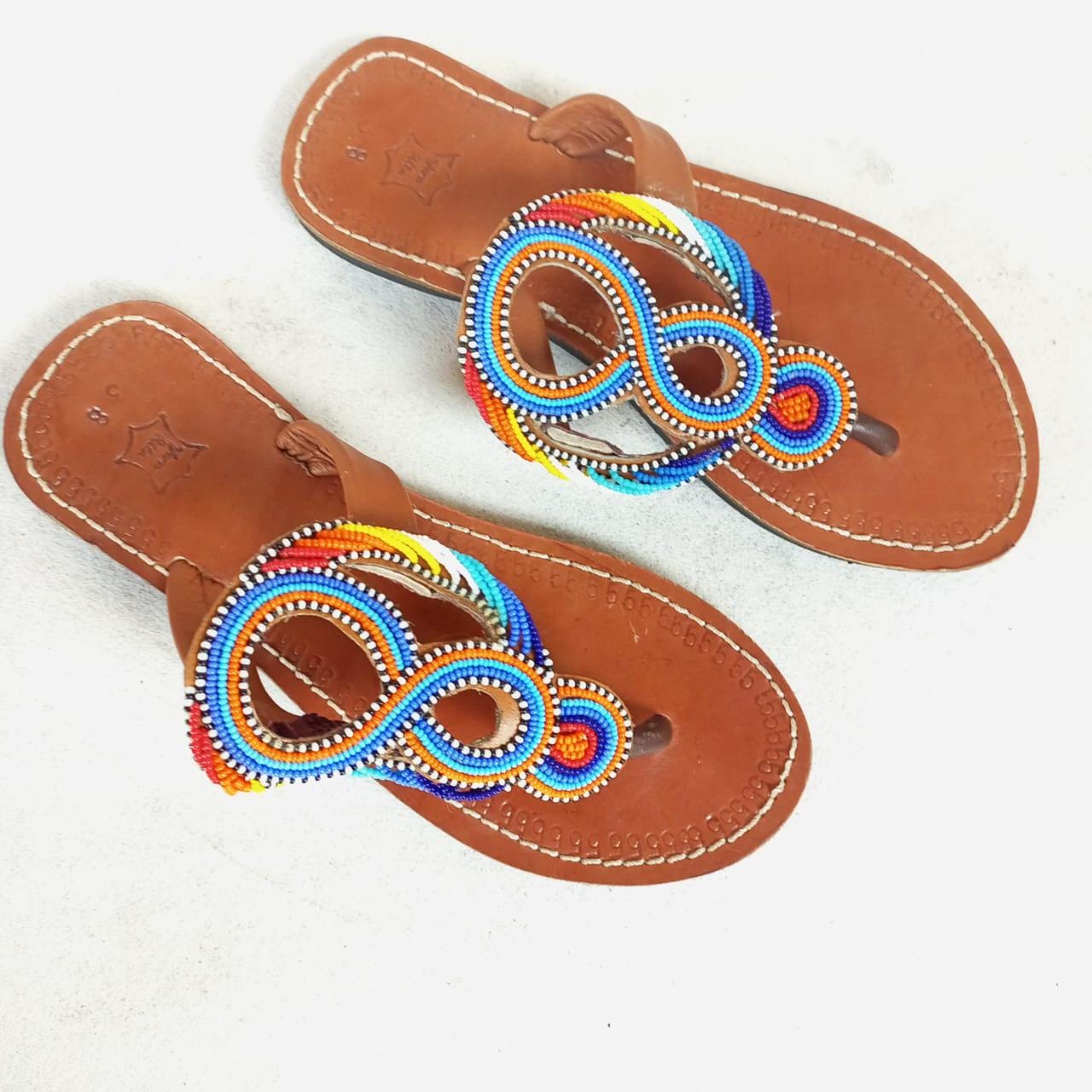 Handmade African Beaded Sandals/Authentic Maasai-Style Leather Flip-Flops Women/Boho Beach Sandals/Comfortable Summer Sandal African Gifts