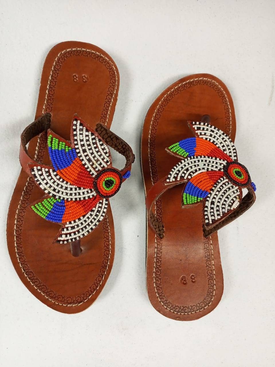 Handmade African Beaded Sandals/Authentic Maasai-Style Leather Flip-Flops Women/Boho Beach Sandals/Comfortable Summer Sandal African Gifts