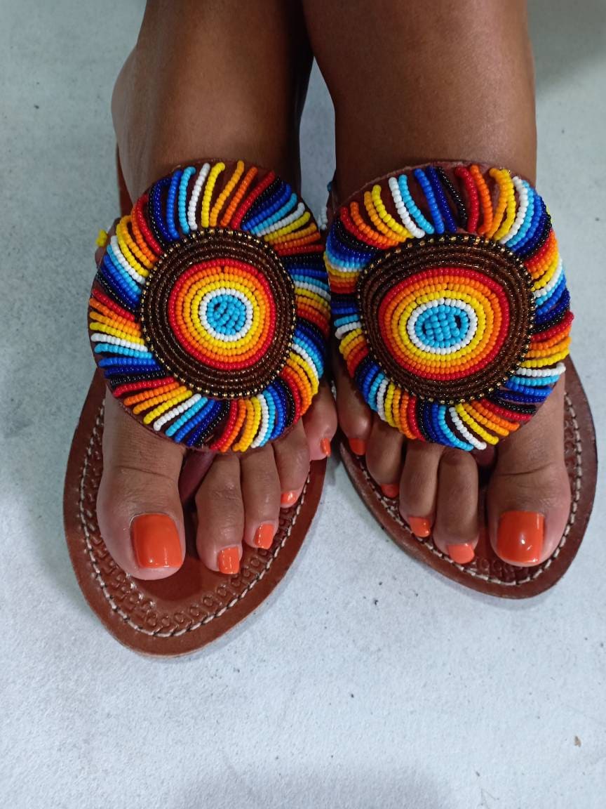 Handmade African Beaded Sandals/Authentic Maasai-Style Leather Flip-Flops Women/Boho Beach Sandals/Comfortable Summer Sandal African Gifts