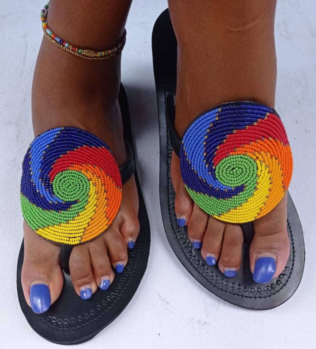 Handmade African Beaded Sandals/Authentic Maasai-Style Leather Flip-Flops Women/Boho Beach Sandals/Comfortable Summer Sandal African Gifts