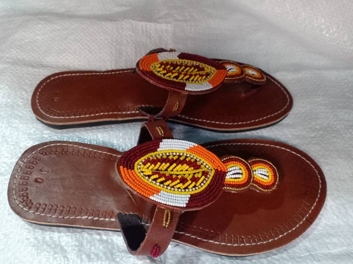 Handmade African Beaded Sandals/Authentic Maasai-Style Leather Flip-Flops Women/Boho Beach Sandals/Comfortable Summer Sandal African Gifts