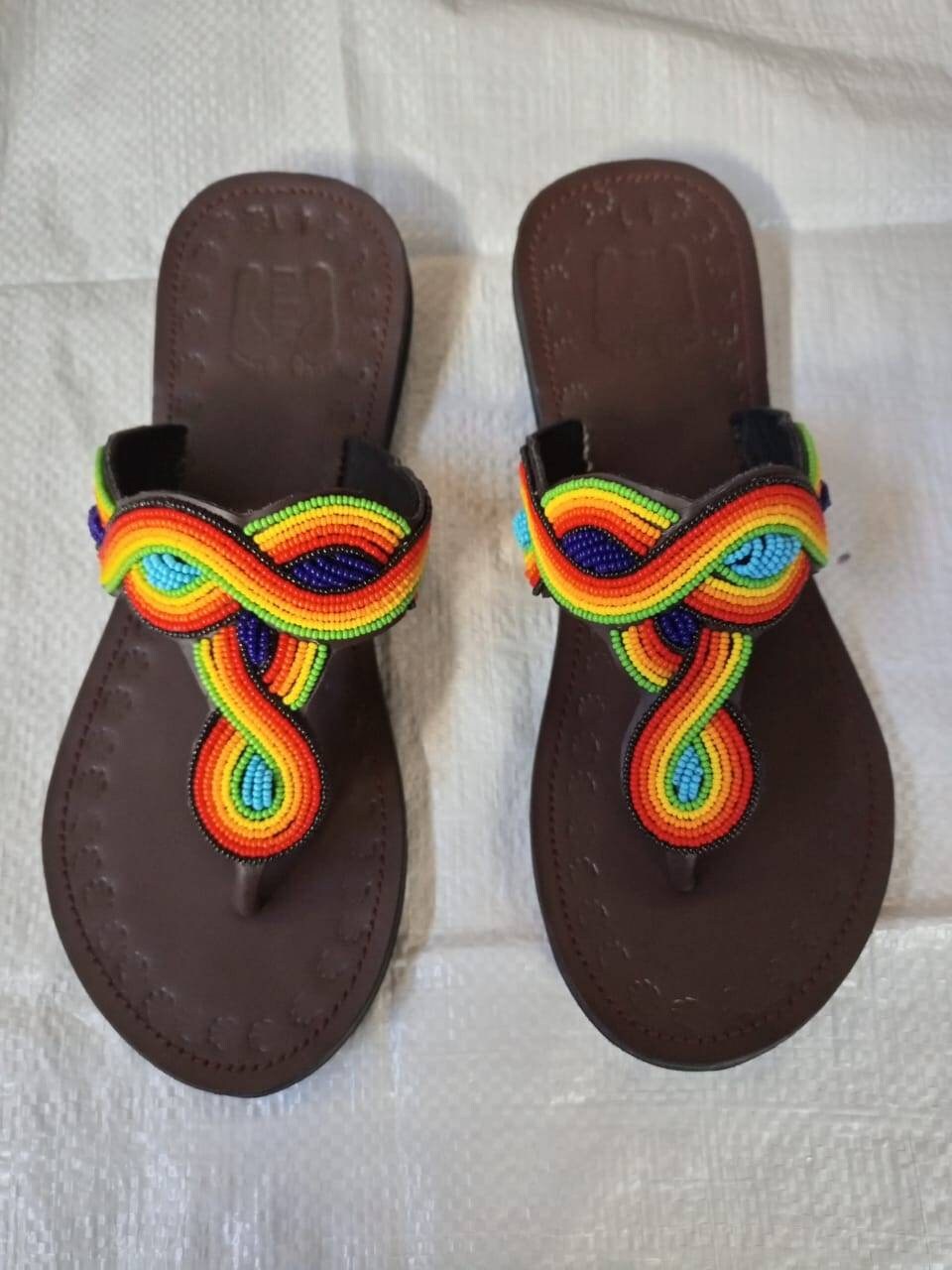 Handmade African Beaded Sandals/Authentic Maasai-Style Leather Flip-Flops Women/Boho Beach Sandals/Comfortable Summer Sandal African Gifts
