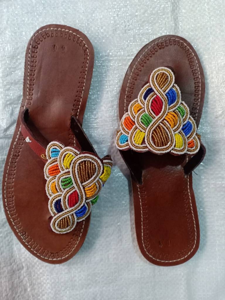 Handmade African Beaded Sandals/Authentic Maasai-Style Leather Flip-Flops Women/Boho Beach Sandals/Comfortable Summer Sandal African Gifts