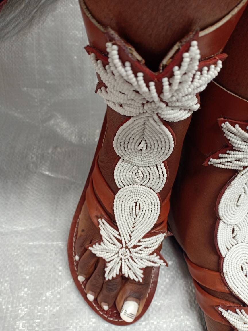 Handmade African Beaded Sandals/Authentic Maasai-Style Leather Flip-Flops Women/Boho Beach Sandals/Comfortable Summer Sandal African Gifts
