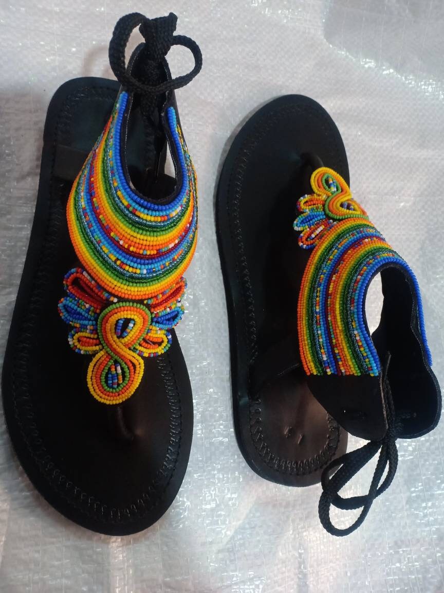 Handmade African Beaded Sandals/Authentic Maasai-Style Leather Flip-Flops Women/Boho Beach Sandals/Comfortable Summer Sandal African Gifts