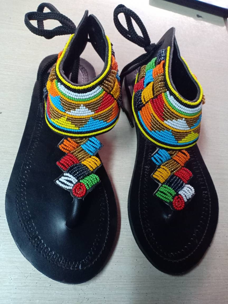Handmade African Beaded Sandals/Authentic Maasai-Style Leather Flip-Flops Women/Boho Beach Sandals/Comfortable Summer Sandal African Gifts