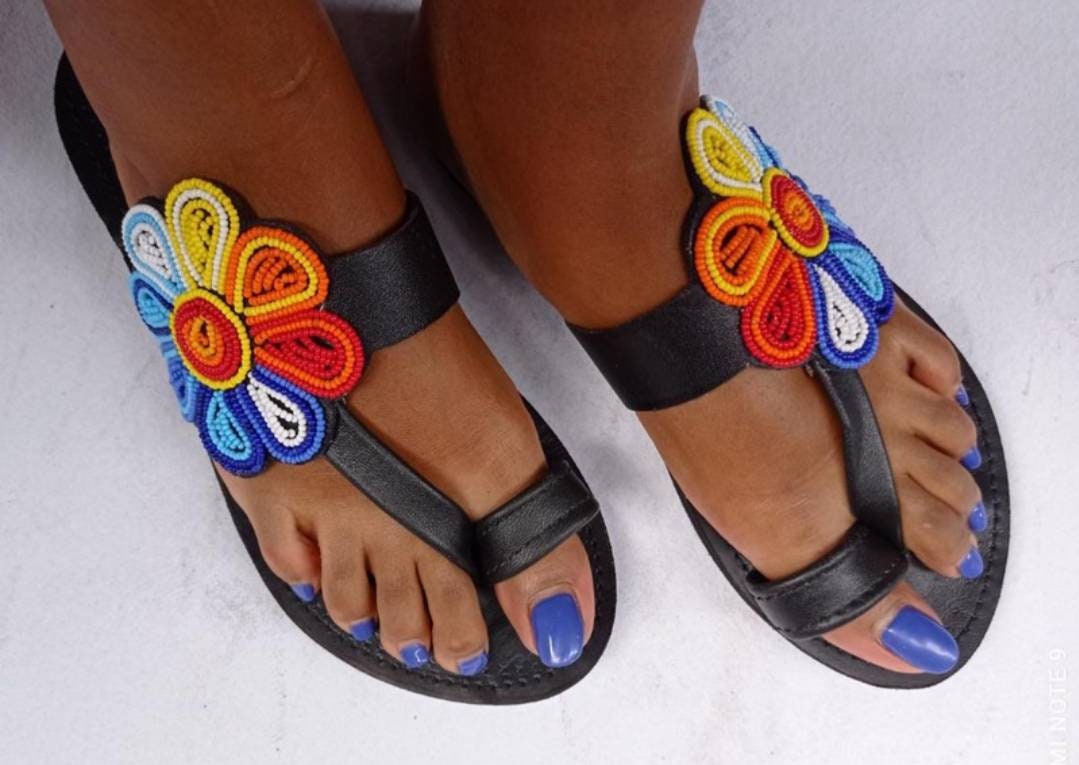 Handmade African Beaded Sandals/Authentic Maasai-Style Leather Flip-Flops Women/Boho Beach Sandals/Comfortable Summer Sandal African Gifts
