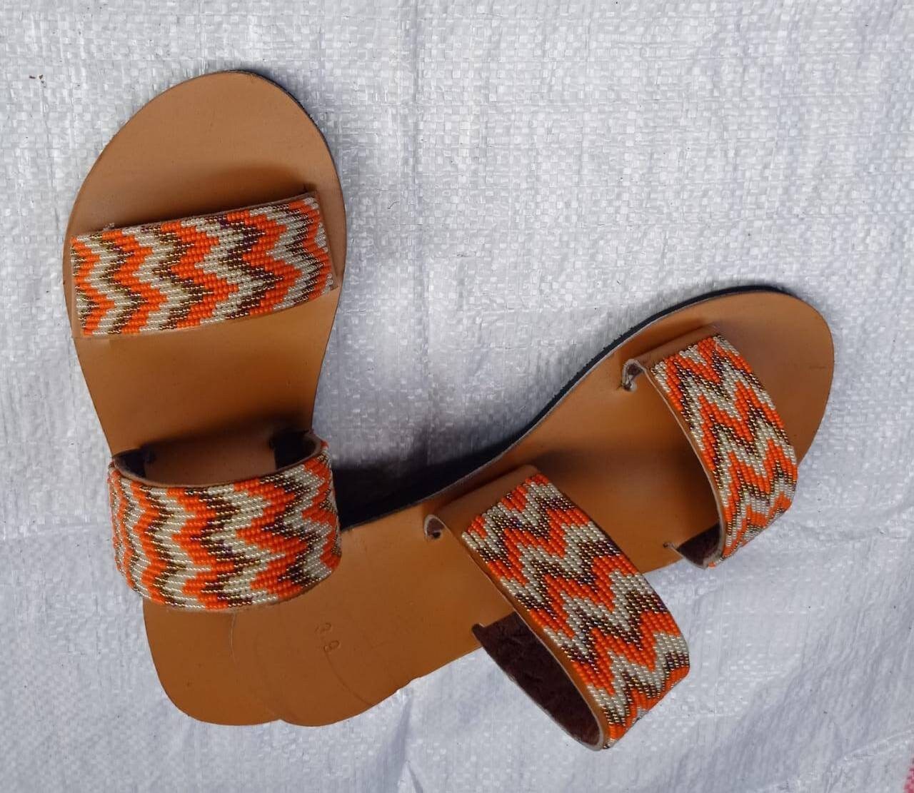 Handmade African Beaded Sandals/Authentic Maasai-Style Leather Flip-Flops Women/Boho Beach Sandals/Comfortable Summer Sandal African Gifts