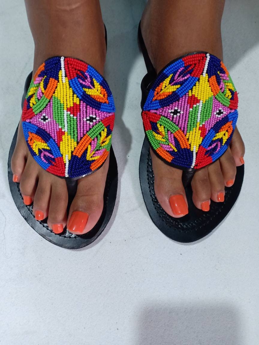 Handmade African Beaded Sandals/Authentic Maasai-Style Leather Flip-Flops Women/Boho Beach Sandals/Comfortable Summer Sandal African Gifts