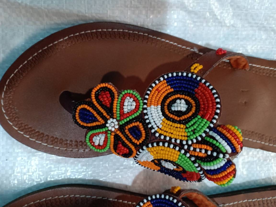 Handmade African Beaded Sandals/Authentic Maasai-Style Leather Flip-Flops Women/Boho Beach Sandals/Comfortable Summer Sandal African Gifts