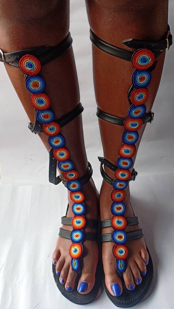 knee length gladiator Beaded Sandals/Authentic Maasai-Style Leather Flip-Flops Women/Boho Beach Sandals/ Summer Sandal African Gifts