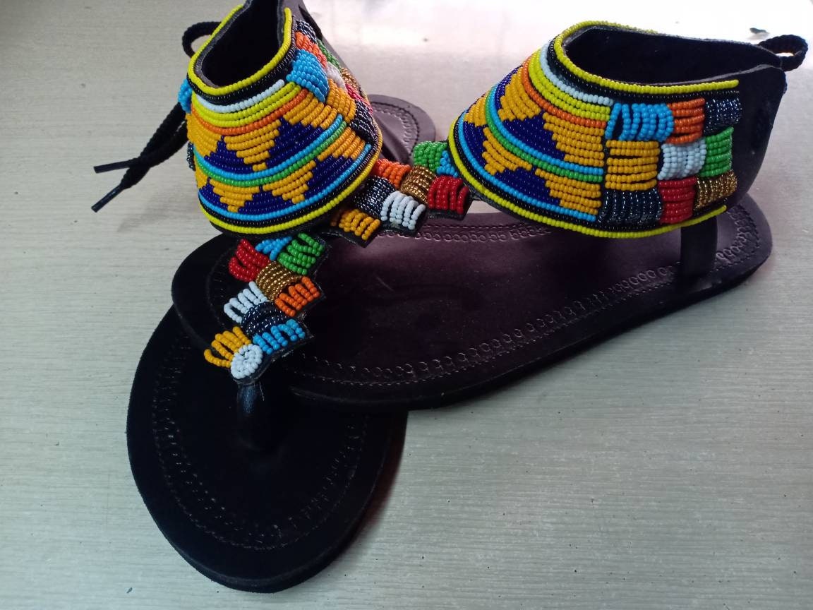 Handmade African Beaded Sandals/Authentic Maasai-Style Leather Flip-Flops Women/Boho Beach Sandals/Comfortable Summer Sandal African Gifts