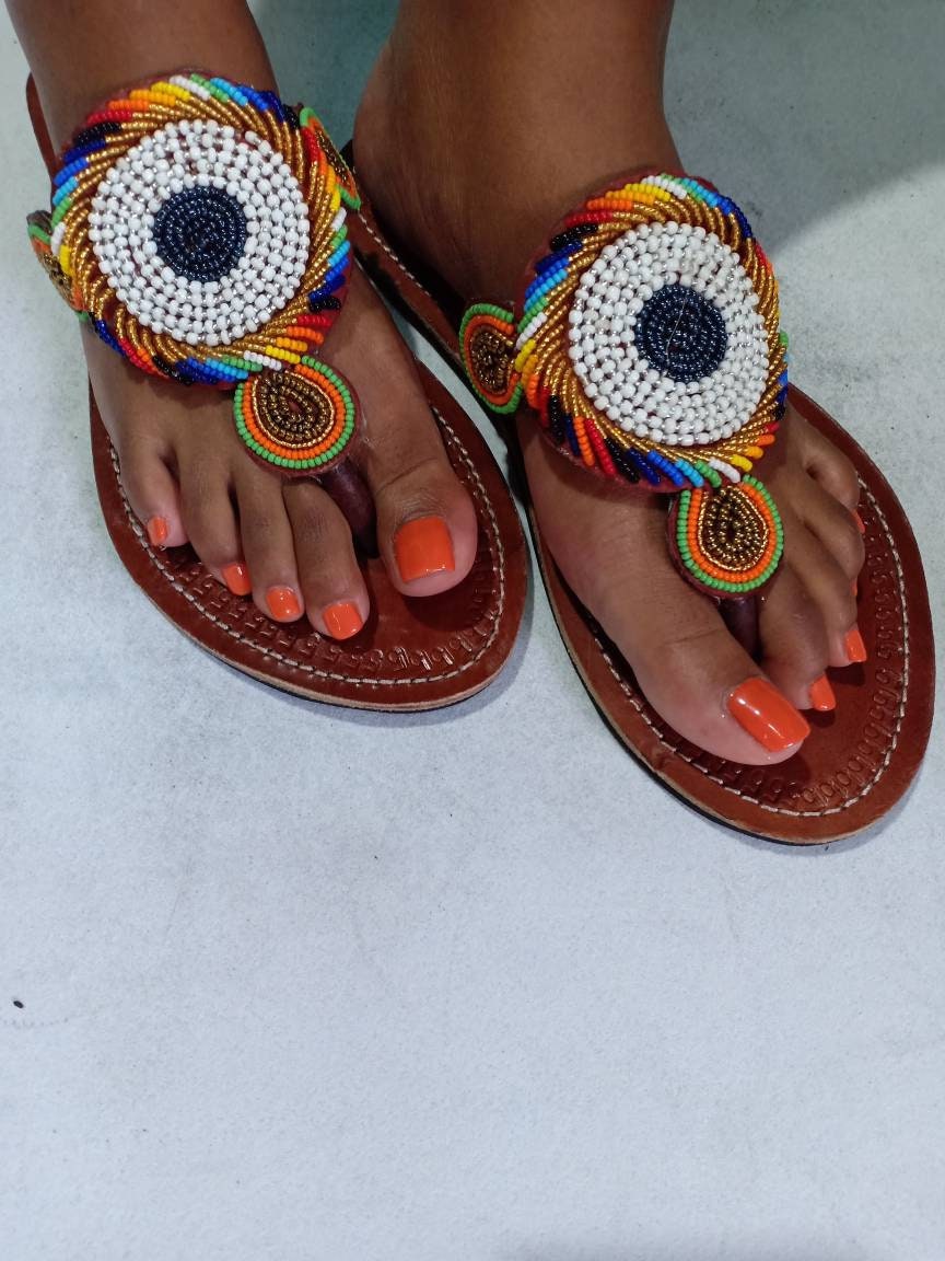 Handmade African Beaded Sandals/Authentic Maasai-Style Leather Flip-Flops Women/Boho Beach Sandals/Comfortable Summer Sandal African Gifts