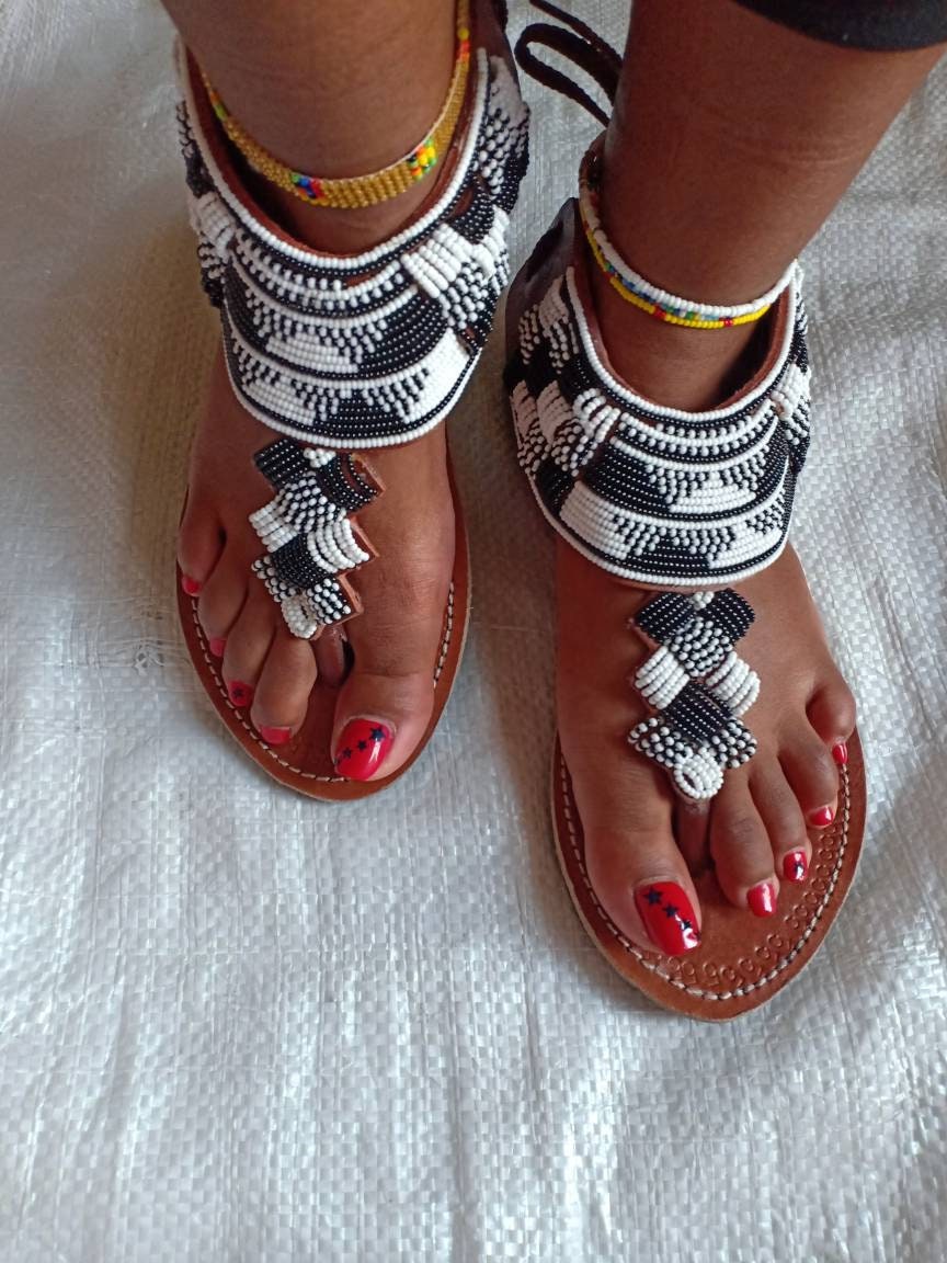 Handmade African Beaded Sandals/Authentic Maasai-Style Leather Flip-Flops Women/Boho Beach Sandals/Comfortable Summer Sandal African Gifts