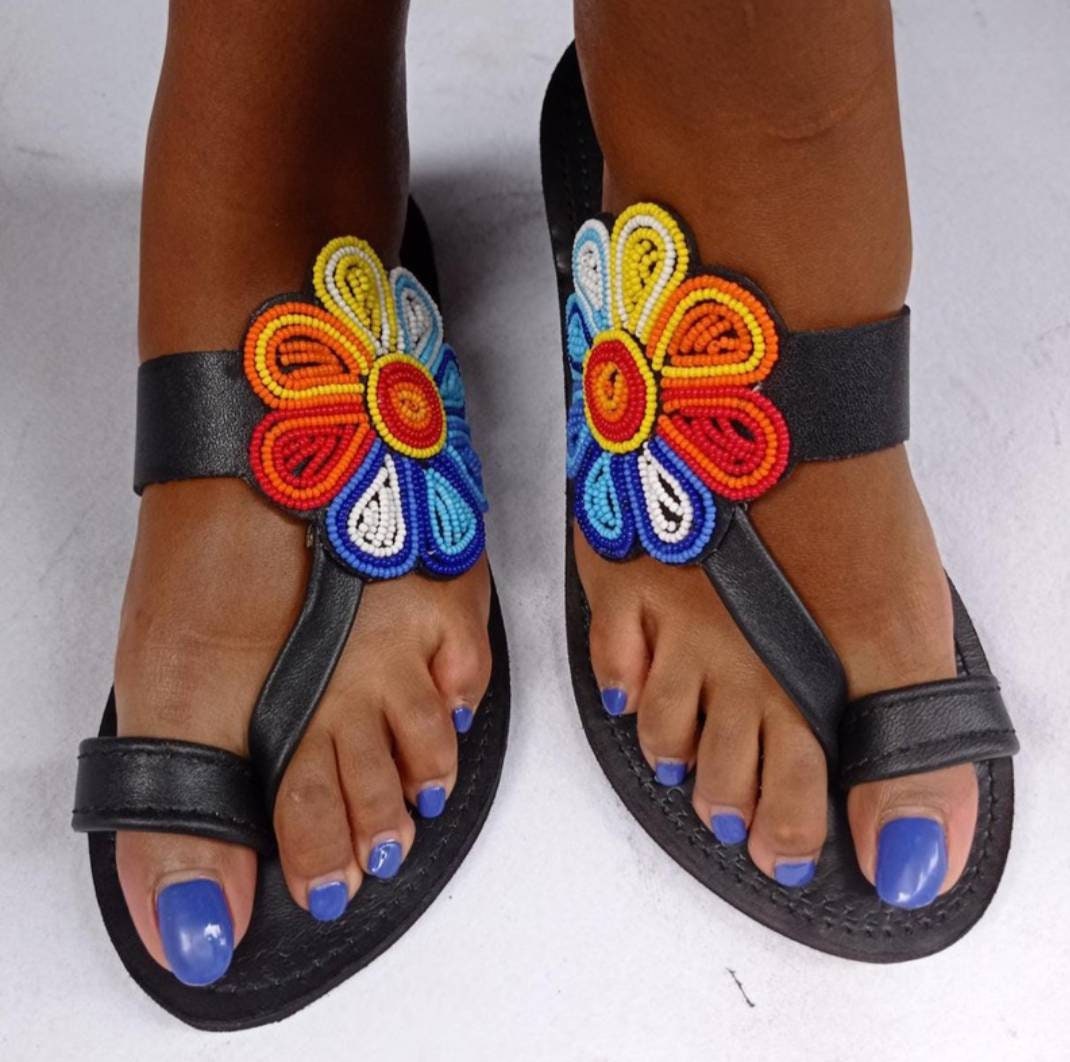 Handmade African Beaded Sandals/Authentic Maasai-Style Leather Flip-Flops Women/Boho Beach Sandals/Comfortable Summer Sandal African Gifts