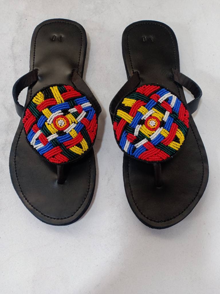 Handmade African Beaded Sandals/Authentic Maasai-Style Leather Flip-Flops Women/Boho Beach Sandals/Comfortable Summer Sandal African Gifts