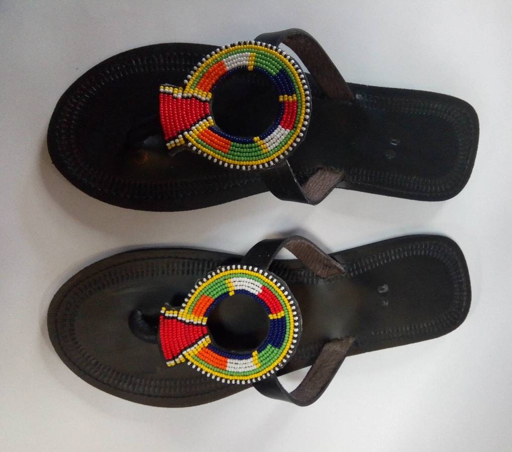 Handmade African Beaded Sandals/Authentic Maasai-Style Leather Flip-Flops Women/Boho Beach Sandals/Comfortable Summer Sandal African Gifts