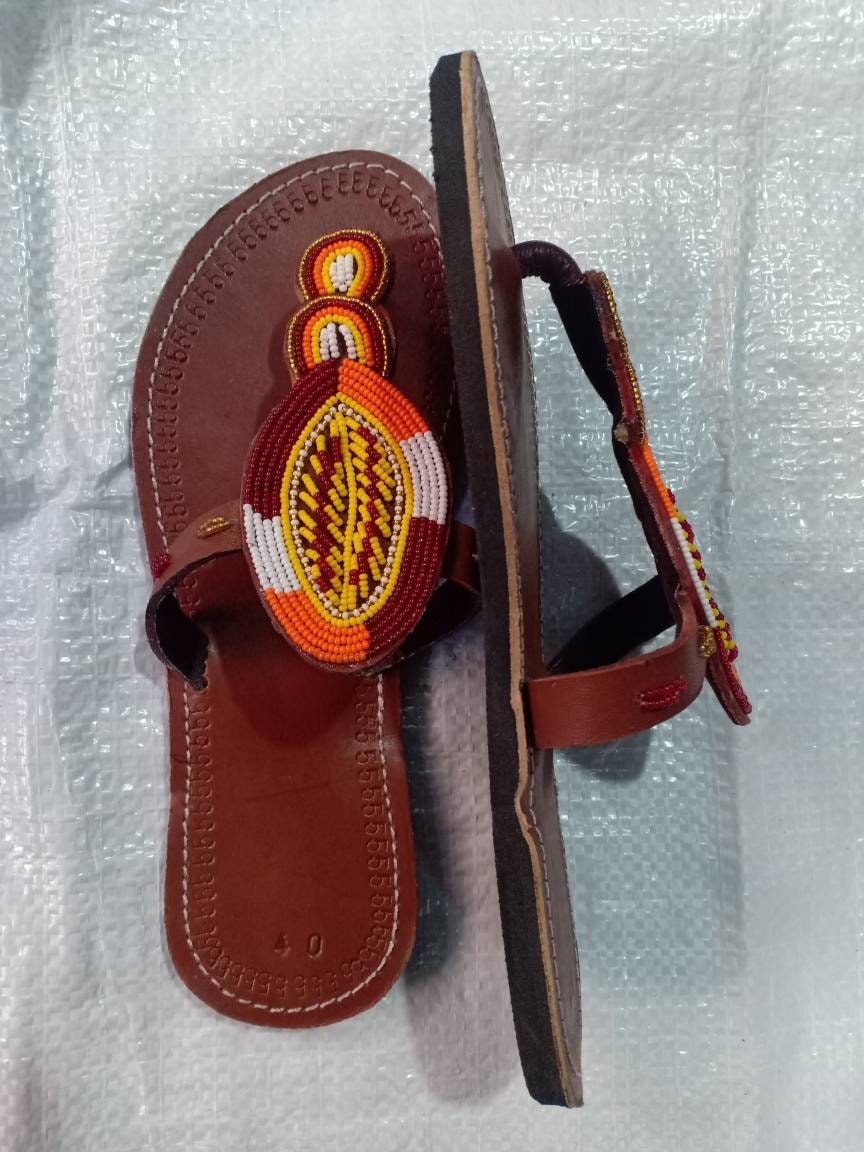 Handmade African Beaded Sandals/Authentic Maasai-Style Leather Flip-Flops Women/Boho Beach Sandals/Comfortable Summer Sandal African Gifts