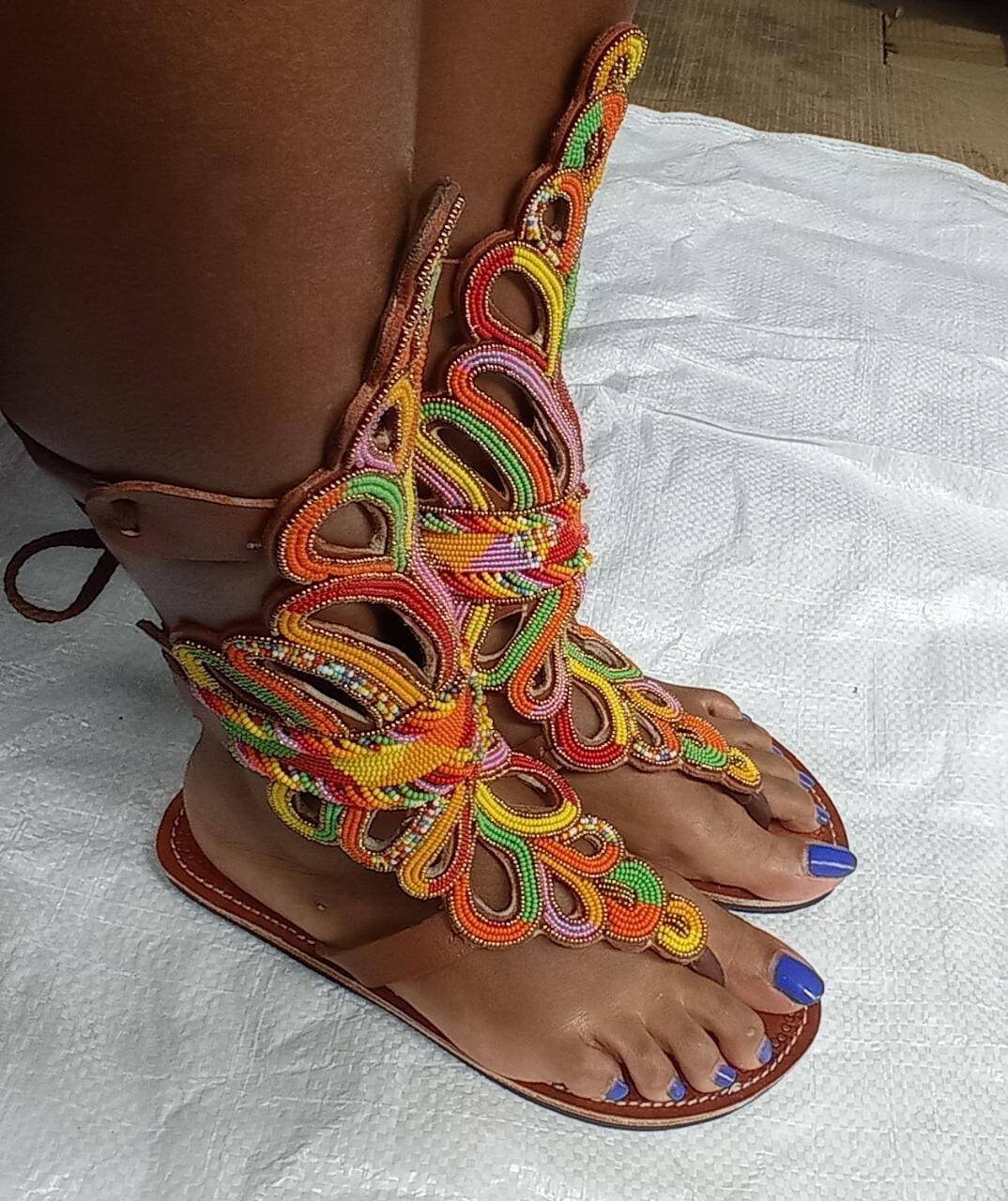 Handmade African Beaded Sandals/Authentic Maasai-Style Leather Flip-Flops Women/Boho Beach Sandals/Comfortable Summer Sandal African Gifts