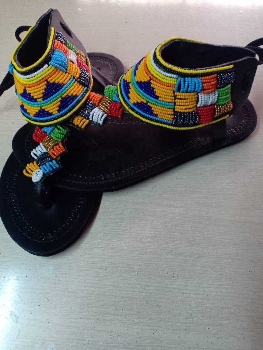 Handmade African Beaded Sandals/Authentic Maasai-Style Leather Flip-Flops Women/Boho Beach Sandals/Comfortable Summer Sandal African Gifts
