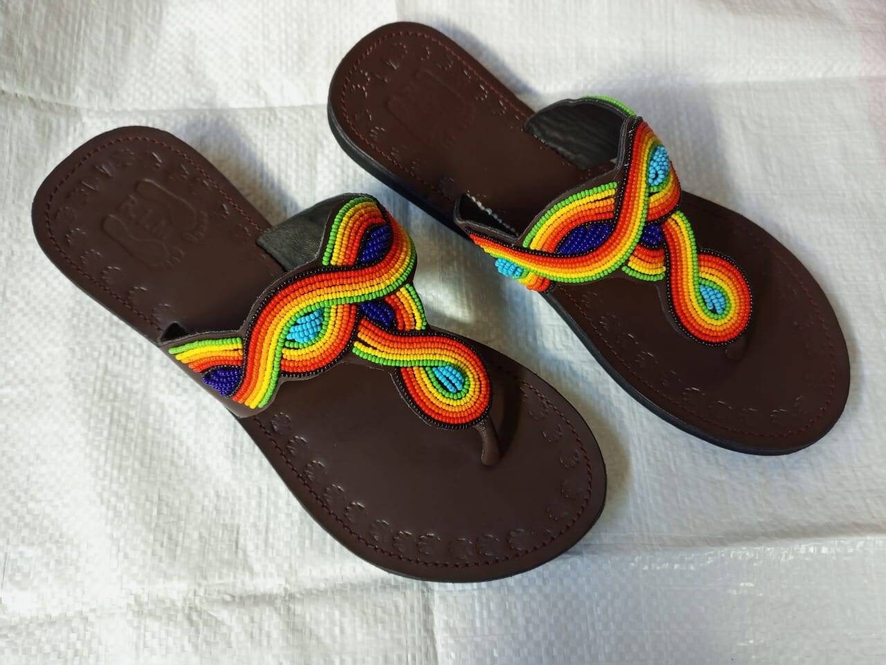Handmade African Beaded Sandals/Authentic Maasai-Style Leather Flip-Flops Women/Boho Beach Sandals/Comfortable Summer Sandal African Gifts
