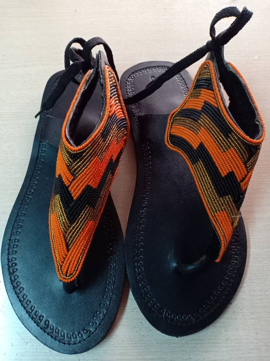 Handmade African Beaded Sandals/Authentic Maasai-Style Leather Flip-Flops Women/Boho Beach Sandals/Comfortable Summer Sandal African Gifts