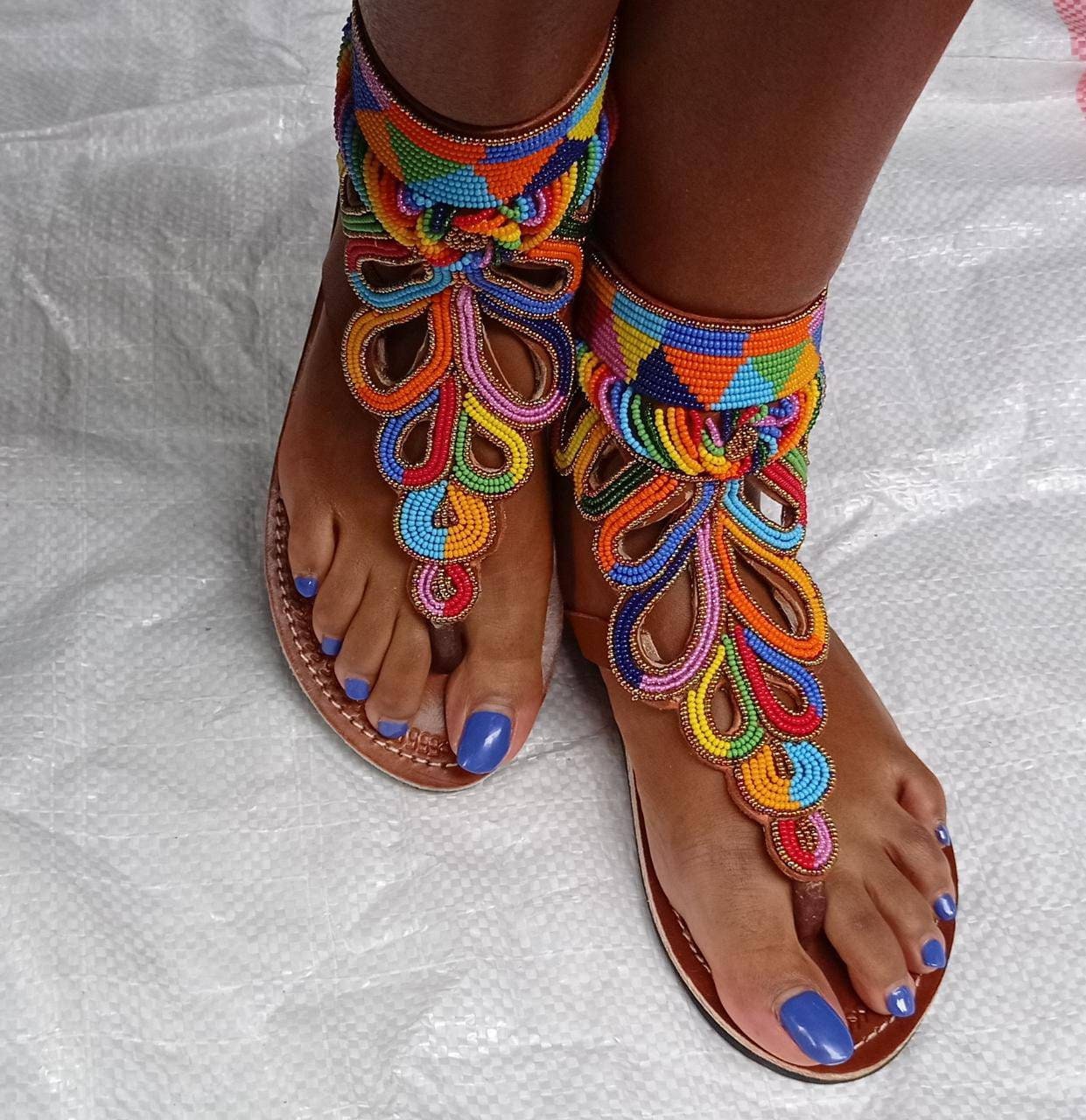 Handmade African Beaded Sandals/Authentic Maasai-Style Leather Flip-Flops Women/Boho Beach Sandals/Comfortable Summer Sandal African Gifts