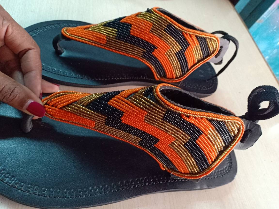 Handmade African Beaded Sandals/Authentic Maasai-Style Leather Flip-Flops Women/Boho Beach Sandals/Comfortable Summer Sandal African Gifts
