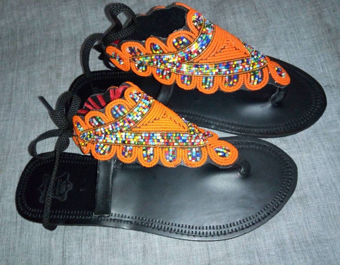 Handmade African Beaded Sandals/Authentic Maasai-Style Leather Flip-Flops Women/Boho Beach Sandals/Comfortable Summer Sandal African Gifts