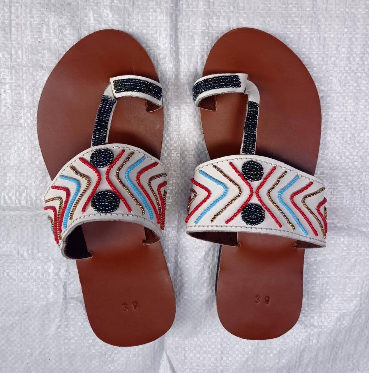 Handmade African Beaded Sandals/Authentic Maasai-Style Leather Flip-Flops Women/Boho Beach Sandals/Comfortable Summer Sandal African Gifts