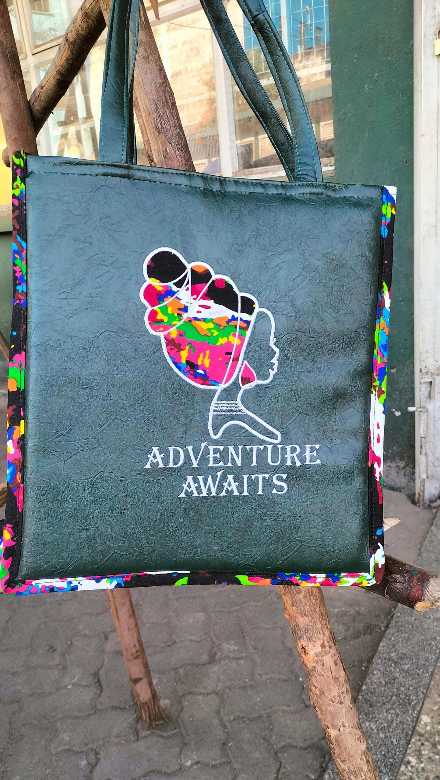 Adventure awaits tote,African Leather Tote bag, handcrafted laptop bag,Black woman modern African tote bag, Stylish tote bag,Brown girl bag.