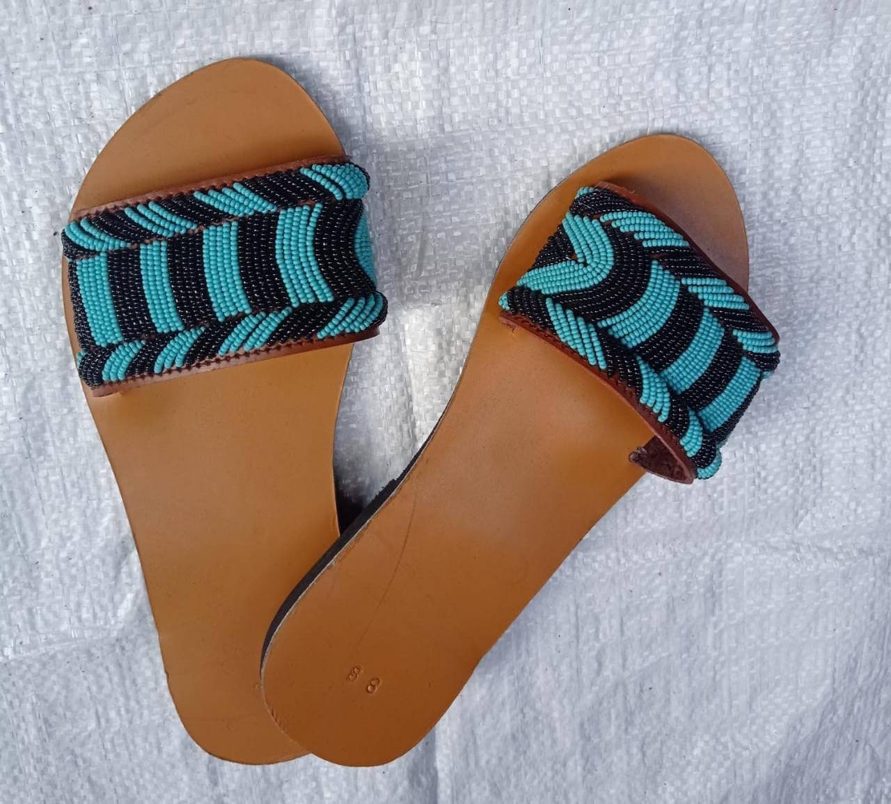 Handmade African Beaded Sandals/Authentic Maasai-Style Leather Flip-Flops Women/Boho Beach Sandals/Comfortable Summer Sandal African Gifts