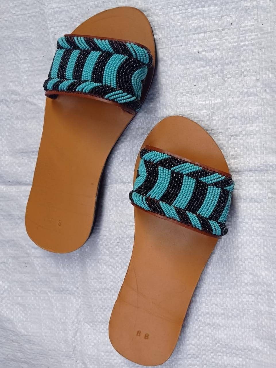 Handmade African Beaded Sandals/Authentic Maasai-Style Leather Flip-Flops Women/Boho Beach Sandals/Comfortable Summer Sandal African Gifts