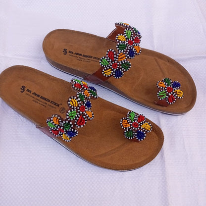 Handmade African Beaded Sandals/Authentic Maasai-Style Leather Flip-Flops Women/Boho Beach Sandals/Comfortable Summer Sandal African Gifts
