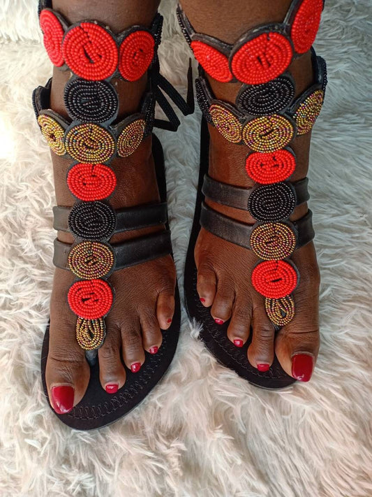 Handmade African Beaded Sandals/Authentic Maasai-Style Leather Flip-Flops Women/Boho Beach Sandals/Comfortable Summer Sandal African Gifts