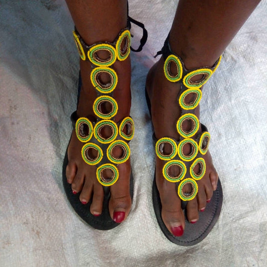 Handmade African Beaded Sandals/Authentic Maasai-Style Leather Flip-Flops Women/Boho Beach Sandals/Comfortable Summer Sandal African Gifts