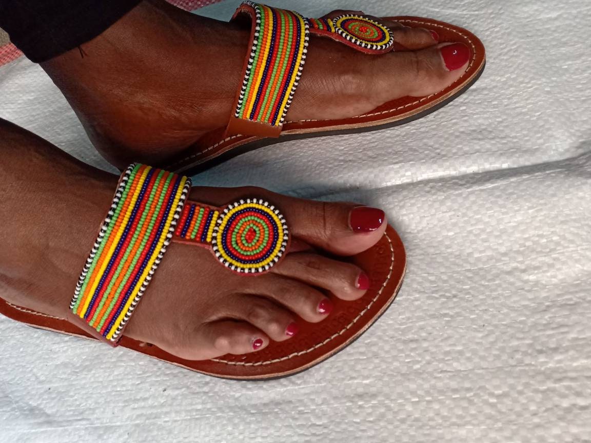 Handmade African Beaded Sandals/Authentic Maasai-Style Leather Flip-Flops Women/Boho Beach Sandals/Comfortable Summer Sandal African Gifts