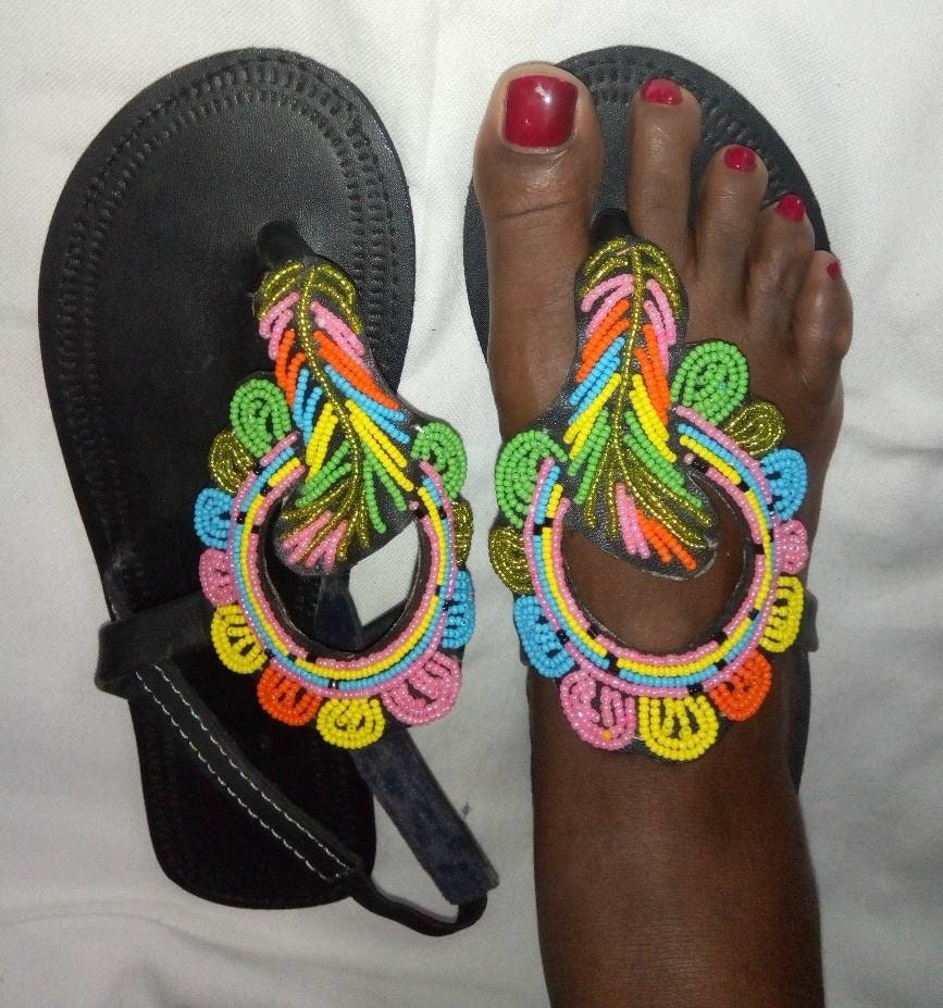 Handmade African Beaded Sandals/Authentic Maasai-Style Leather Flip-Flops Women/Boho Beach Sandals/Comfortable Summer Sandal African Gifts