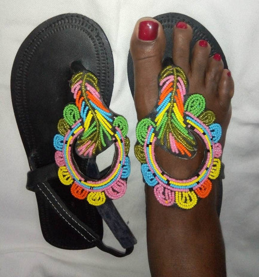 Handmade African Beaded Sandals/Authentic Maasai-Style Leather Flip-Flops Women/Boho Beach Sandals/Comfortable Summer Sandal African Gifts
