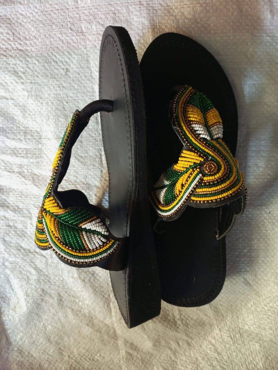 Handmade African Beaded Sandals/Authentic Maasai-Style Leather Flip-Flops Women/Boho Beach Sandals/Comfortable Summer Sandal African Gifts
