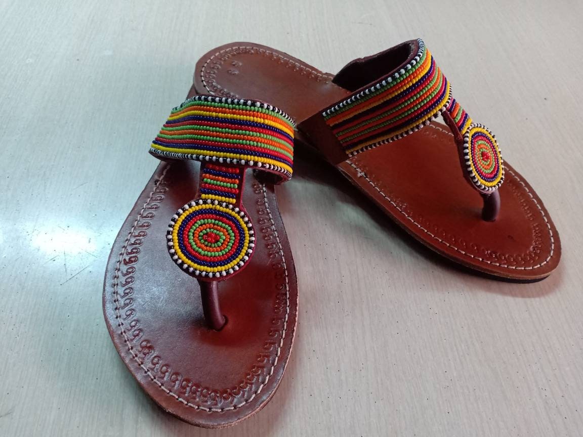 Handmade African Beaded Sandals/Authentic Maasai-Style Leather Flip-Flops Women/Boho Beach Sandals/Comfortable Summer Sandal African Gifts